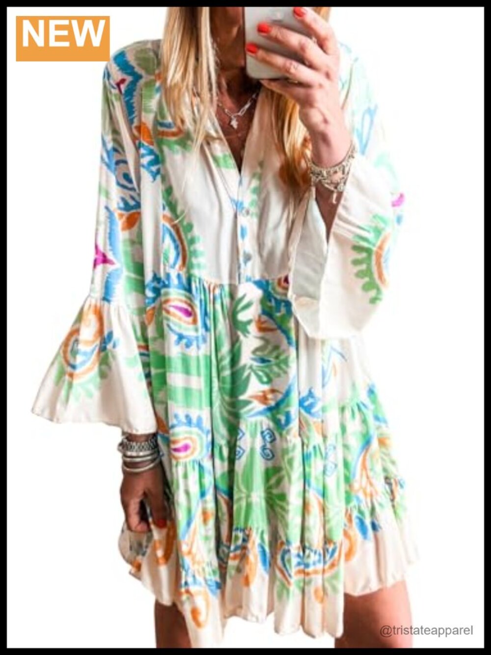 Womens Bohemian Tribal Mini Dress V Neck 3/4 Sleeve A-Line Buttoned Casual